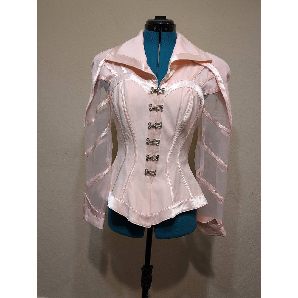 Cache Womens 6 Pink Corset Blazer Sheer Sleeves Rhinestone Clasps Made in USA